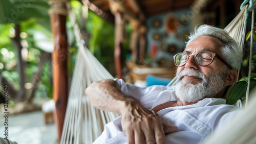 Senior man relaxing in hammock outdoors