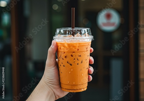 Wallpaper Mural hand holding iced thai milk tea cup Torontodigital.ca