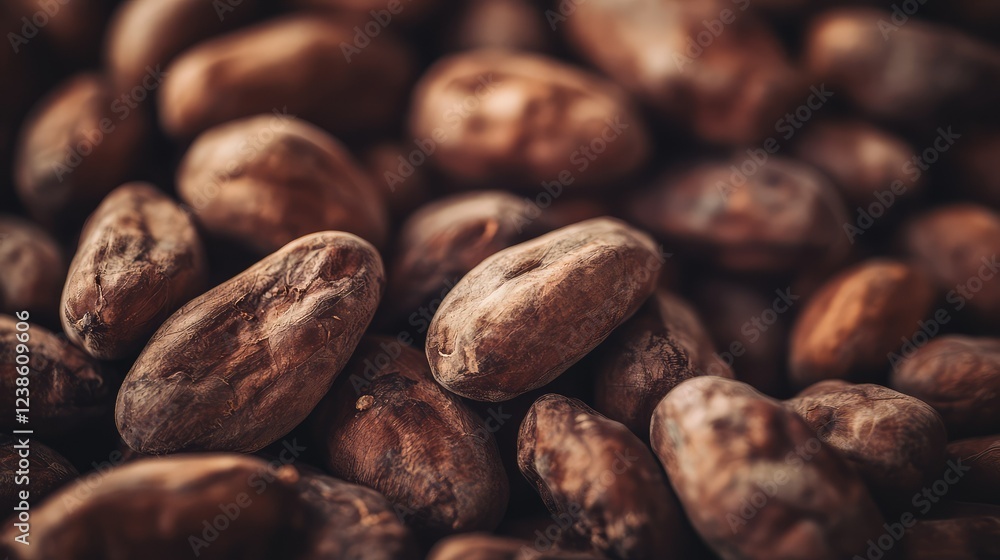 Obraz premium Close-Up of Rich and Textured Cocoa Beans on a Surface Designed to Highlight the Unique Characteristics and Natural Colors of the Chocolate Ingredient