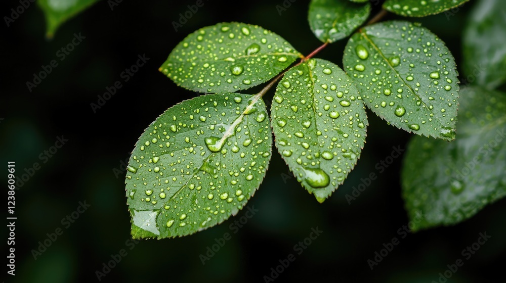 Dew-covered rose leaves, close-up, dark background, nature photography, website banner Dew-covered rose leaves, close-up, dark background, nature photography, website banner