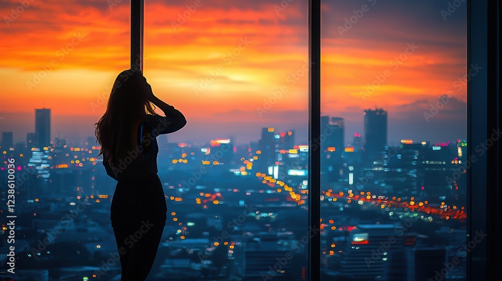 Fototapeta premium A businesswoman endures career headaches and pain. Silhouette of a woman against a vibrant city sunset.