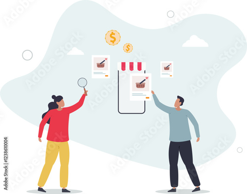 E-commerce store for online shopping and purchases.Distant internet shop with website or mobile application platform for customers .flat characters.