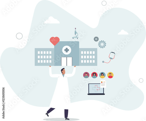 Interoperability in medicine with health data integration.Effective and productive healthcare model with electronic records system for fast data exchange.flat characters.