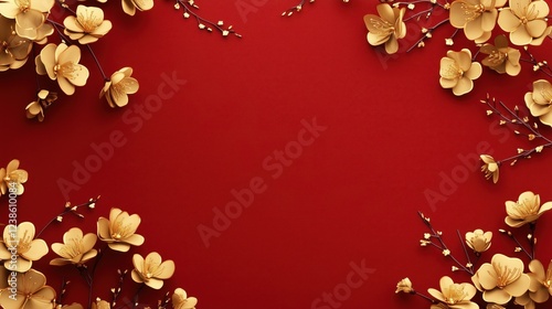 Chinese style red background with golden flowers festival celebration background