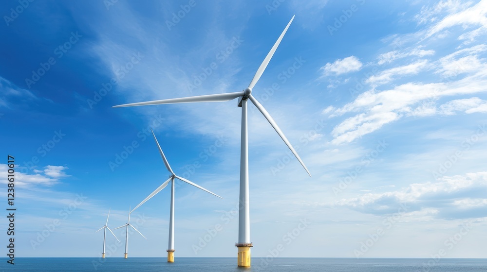 Three wind turbines stand tall in the ocean under a clear blue sky, symbolizing renewable energy and sustainable technology. Three wind turbines stand tall in the ocean under a clear blue sky, symbolizing renewable energy and sustainable technology.