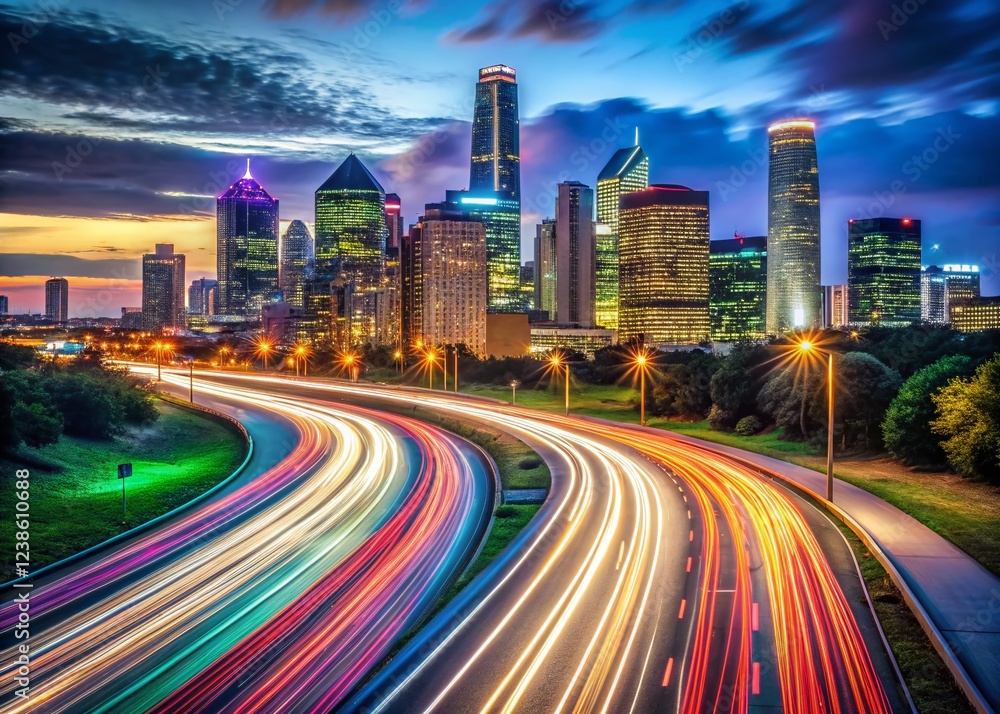 Fototapeta premium Dallas Texas Night Skyline Long Exposure Photography - Urban Cityscape
