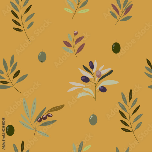 seamless pattern with branches  and olives. vector illustration. Olive branches. For wallpaper, botany pattern, cardboard, packaging 