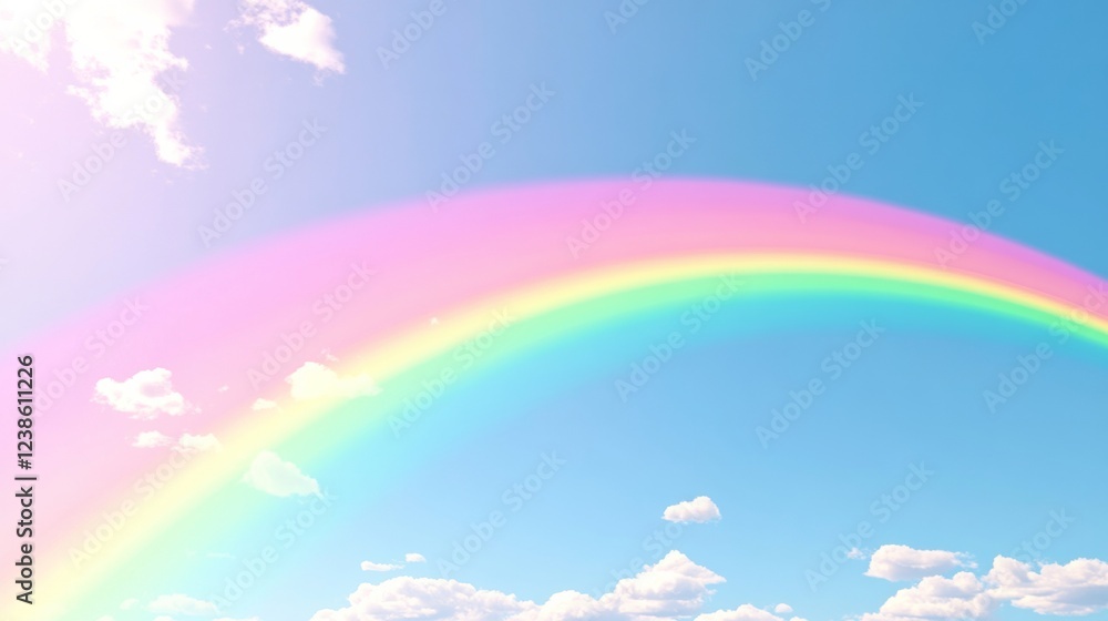 Vibrant Rainbow Stretching Across a Bright Blue Sky with Clouds Vibrant Rainbow Stretching Across a Bright Blue Sky with Clouds