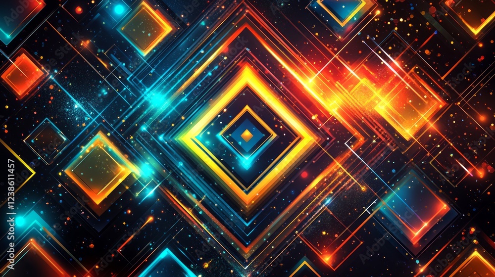 Bright geometric shapes with radiant colors create a dynamic visual display in this digital artwork, combining blues and fiery oranges for vivid contrast Bright geometric shapes with radiant colors create a dynamic visual display in this digital artwork, combining blues and fiery oranges for vivid contrast