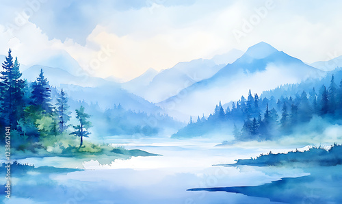Tranquil watercolor landscape of blue mountains and lush forest reflected in calm lake under soft clouds. generative ai