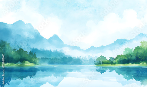 Tranquil watercolor landscape of blue mountains and lush forest reflected in calm lake under soft clouds. generative ai