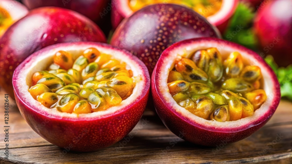 Close-up shot of a ripe passion fruit with vibrant colors and seeds visible , juicy, passion fruit, juicy, passion fruit Close-up shot of a ripe passion fruit with vibrant colors and seeds visible , juicy, passion fruit, juicy, passion fruit