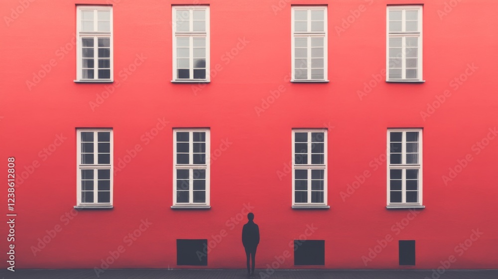 Obraz premium Man silhouetted against red building, urban background, architectural design