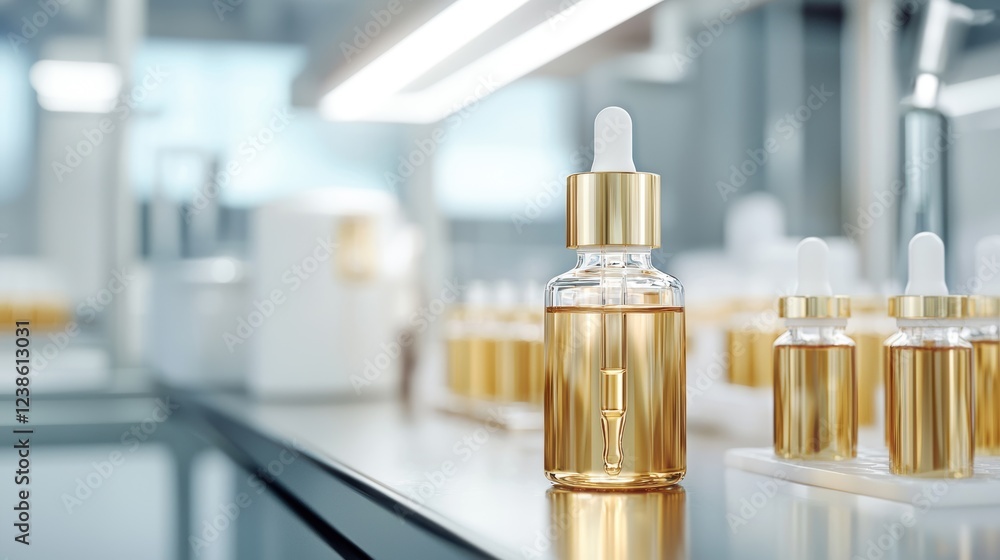 A sleek glass bottle of serum with a golden cap stands prominently in a modern laboratory filled with similar containers. A sleek glass bottle of serum with a golden cap stands prominently in a modern laboratory filled with similar containers.