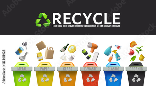 Garbage sorting containers with recycle symbol, metal, paper, glass, E-waste, plastic and organic colorful trash bins