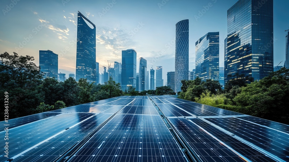 Obraz premium Modern City Skyline with Solar Panels in Bright Urban Environment