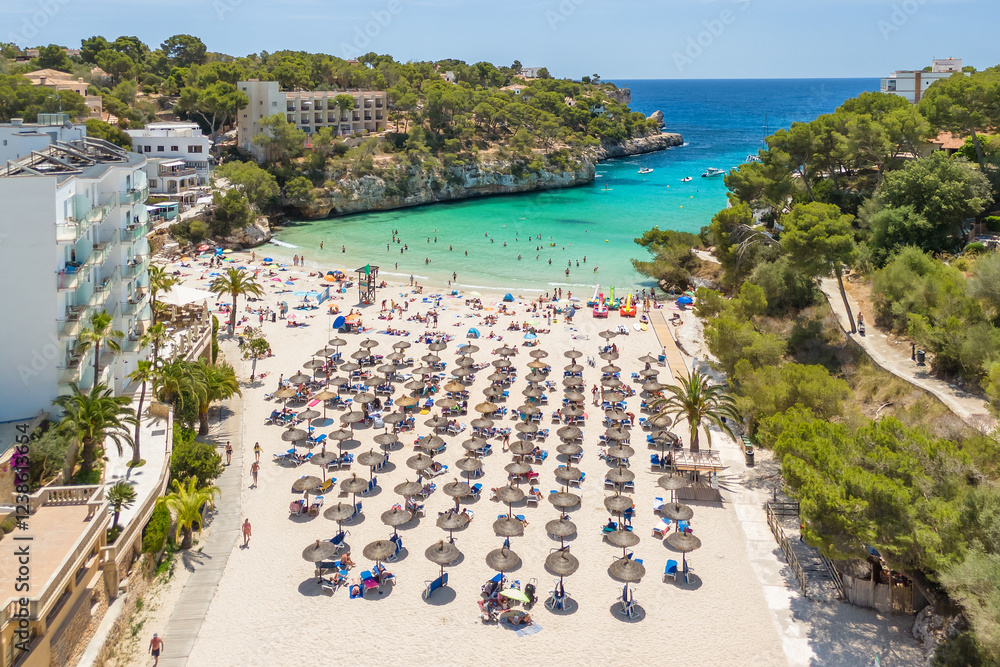 Aerial view of the Platja de Santanyi beach in Mallorca, Balearic Islands, Spain