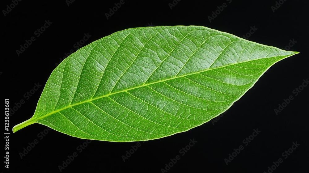 Obraz premium Lush green leaf, isolated on black, botanical study, nature background, website design