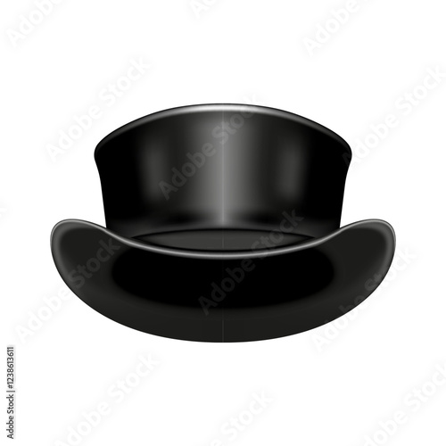 Realistic black leather top hat 3d vector object isolated on white background, steampunk fashion design, creative headdress, accessory photo filter mockup.