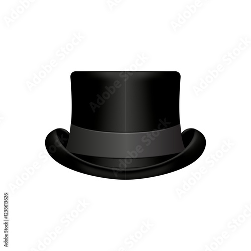 Black top hat realistic 3d vector isolated on white background with elegant satin band and shadow effect, classic headdress fashion themes, vintage style accessory, formal attire design.