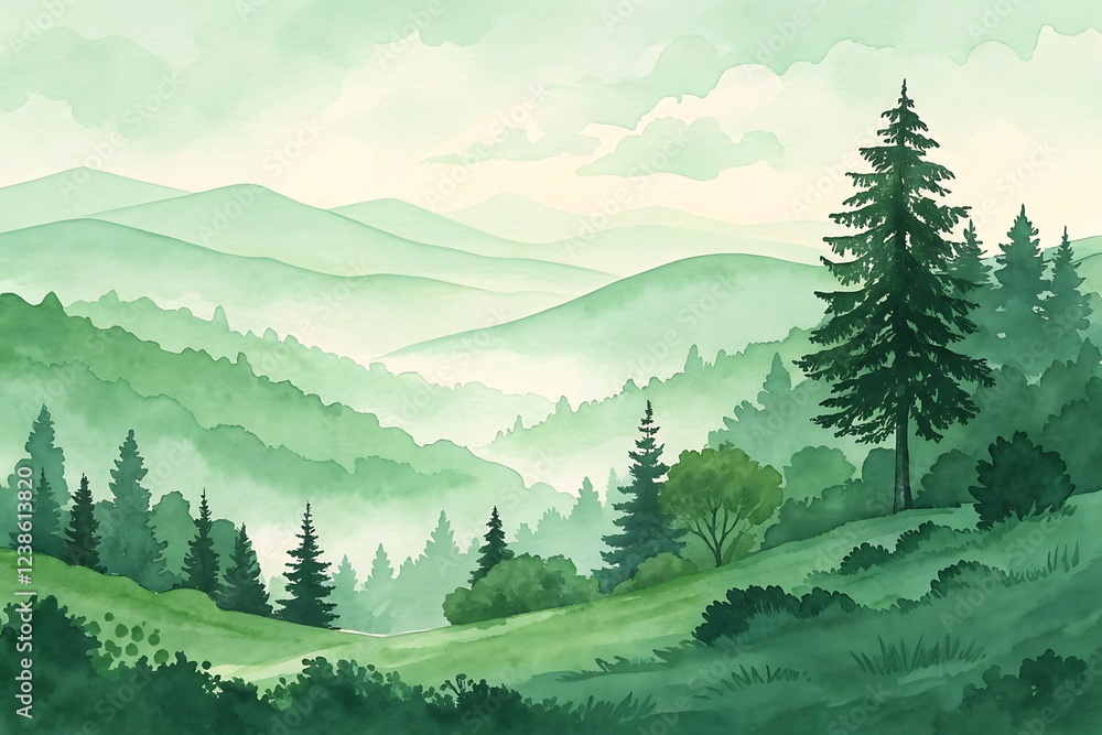 Fototapeta premium Serene Watercolor Landscape with Misty Mountains and Forest