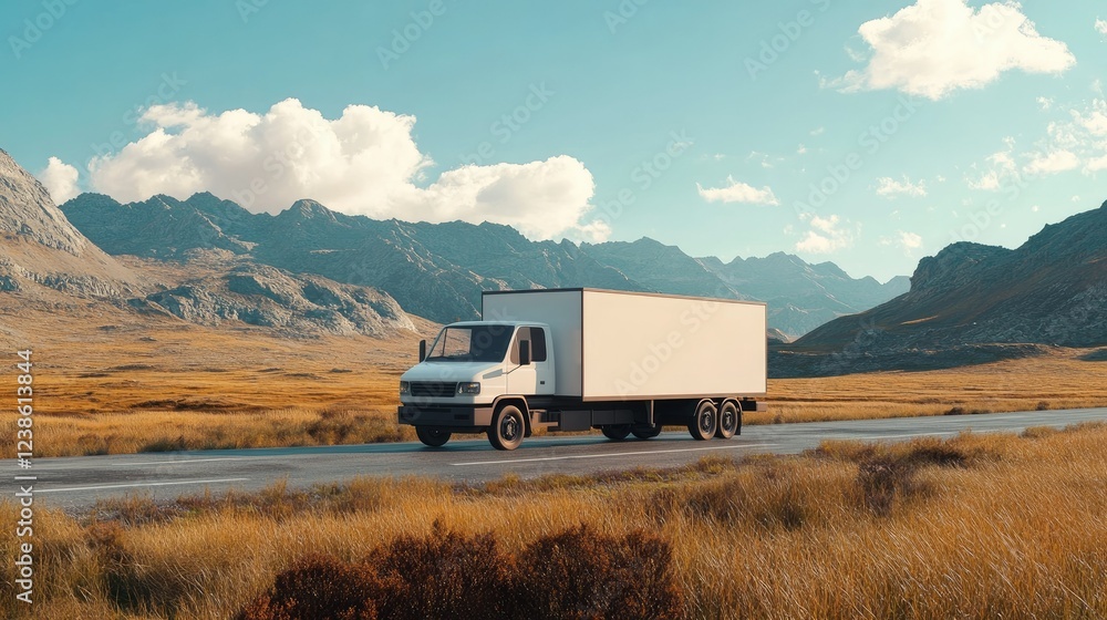 Delivery Truck on Open Road with Mountains in Background Delivery Truck on Open Road with Mountains in Background