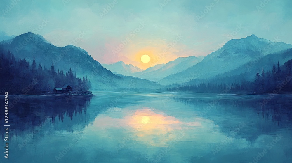 Fototapeta premium Serene sunrise paints tranquil lake reflecting majestic mountains. AI Generated