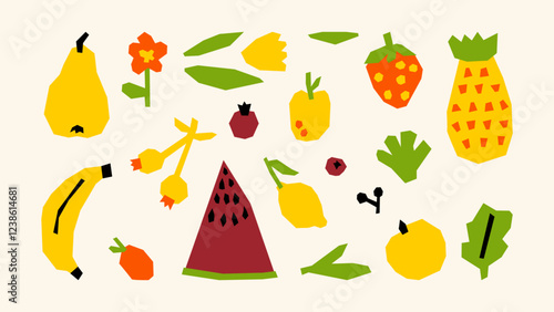Fruit set – apple, banana, orange, pear, grapes, strawberry, watermelon. A collection of fresh, vibrant fruits, illustrated in a flat and naive hand-drawn style, inspired by a natural garden harvest