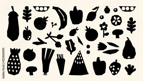 Vegetable and fruit black and whiteset – cabbage, tomato, avocado, radish, celery, carrots, pepper, apple, banana, orange, pear, grapes, strawberry, watermelon. Flat and naive style