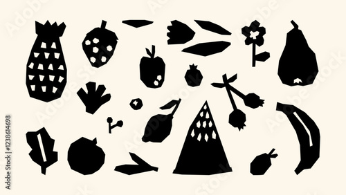 Fruit black and white set – apple, banana, orange, pear, grapes, strawberry, watermelon. A collection of fresh and vibrant fruits, drawn in a flat and naive style, inspired by a garden harvest