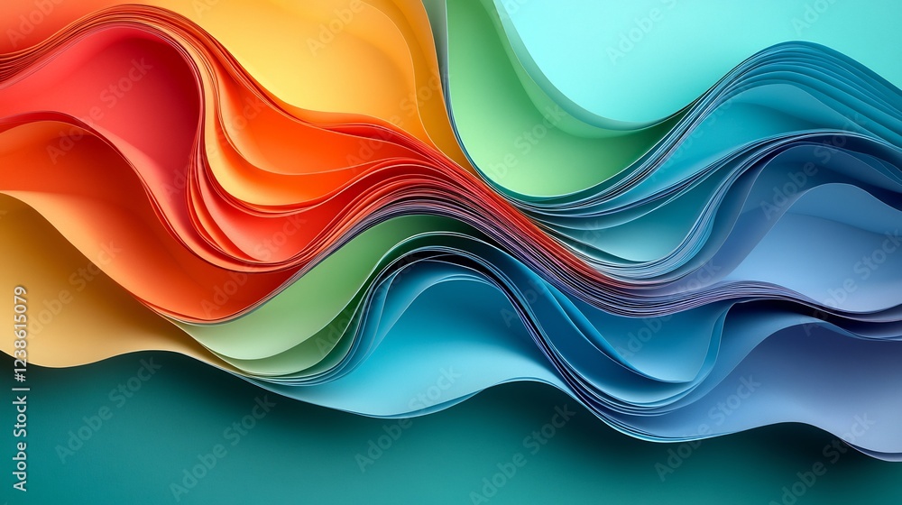 Fototapeta premium Vibrant rainbow paper swirls gently flowing teal background. AI Generated