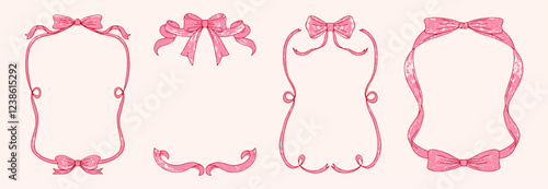 Vintage frames set with bows and ribbons. Grunge texture. Template for wedding, birthday, party invitations. Romantic girly vibe.