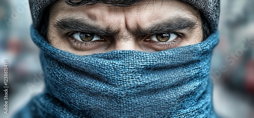Man with intense stare, face partially covered.