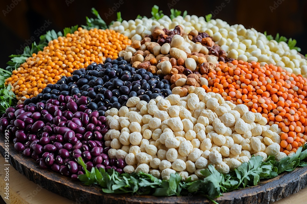 Fototapeta premium A mix of beans / legumes / pulses raw coloured beans setting in a sequence.