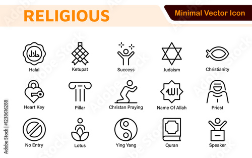 Religious Icon Set. A meaningful collection of icons representing various faiths and beliefs, perfect for enhancing educational materials, spiritual apps, and community outreach initiatives.