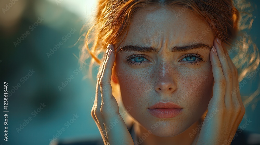 A businesswoman endures career headaches and pain. Intense portrait of a woman with striking blue eyes and natural light. A businesswoman endures career headaches and pain. Intense portrait of a woman with striking blue eyes and natural light.