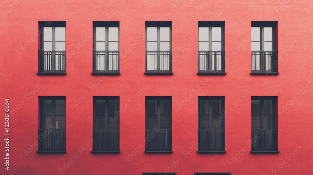 Red building facade, city windows, urban architecture, minimalist design, stock photo Red building facade, city windows, urban architecture, minimalist design, stock photo
