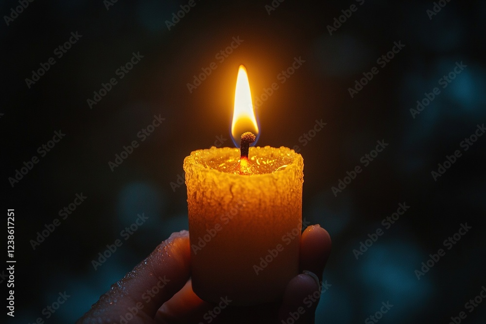 Hand holds lit candle, dark outdoor background, soft focus, used for memorial or events Hand holds lit candle, dark outdoor background, soft focus, used for memorial or events