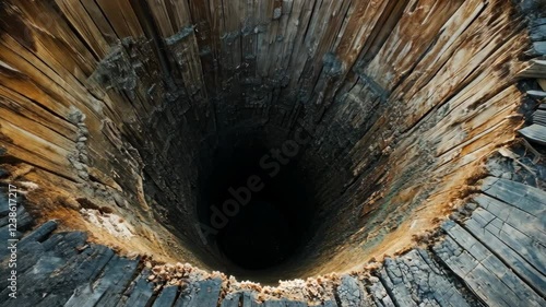 Deep, dark well surrounded by weathered wood reveals mysterious depths in a remote rural location