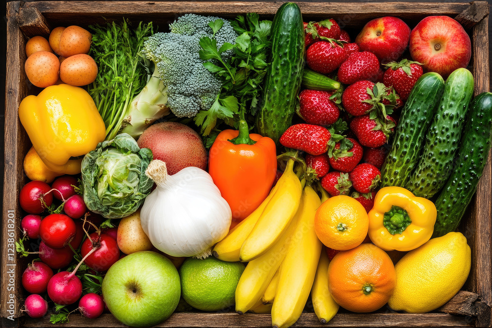 wooden crate filled with fresh fruits and vegetables wooden crate filled with fresh fruits and vegetables