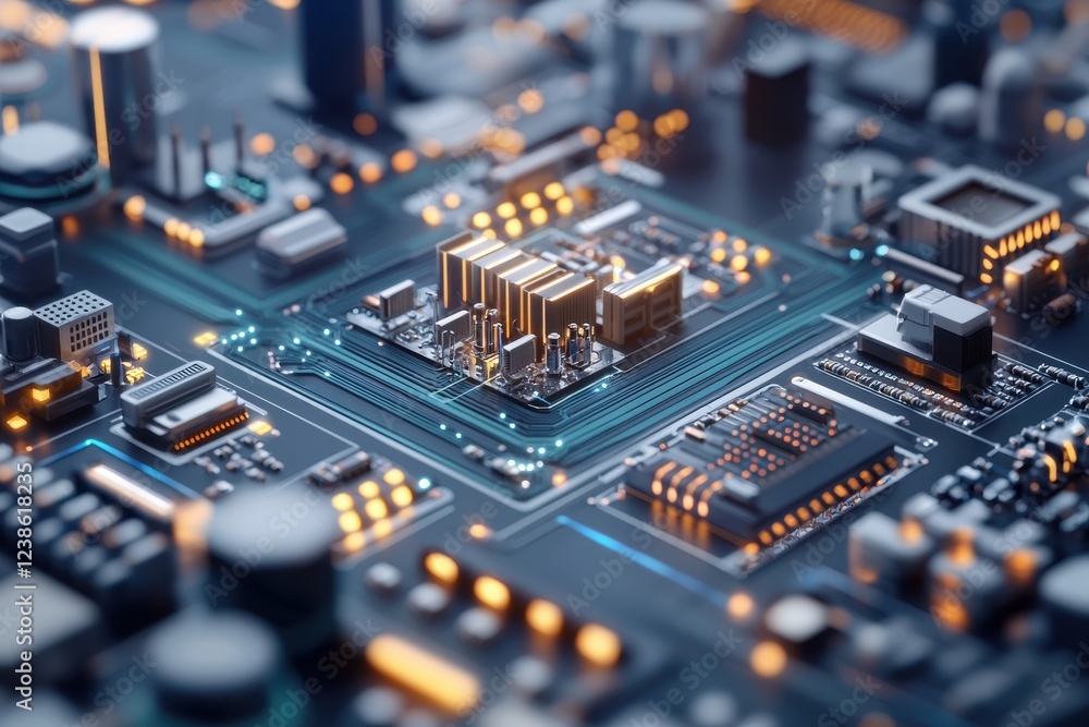 A close-up view of a computer circuit board with intricate details, featuring various components and glowing lights. A close-up view of a computer circuit board with intricate details, featuring various components and glowing lights.