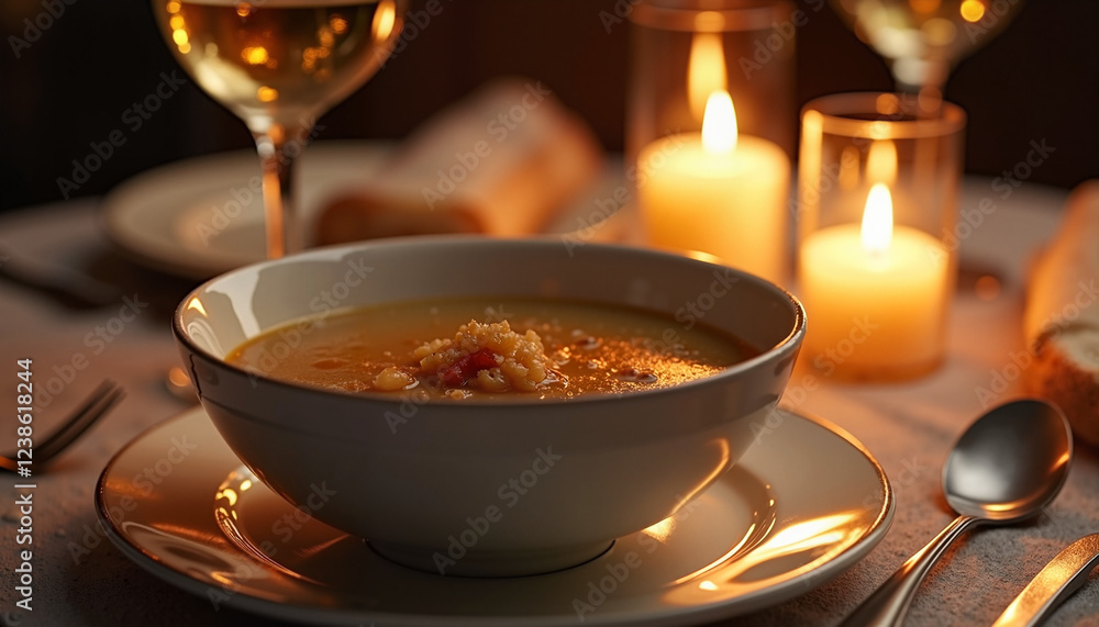 Cozy bowl of soup with candles and wine on dining table, French onion soup Cozy bowl of soup with candles and wine on dining table, French onion soup