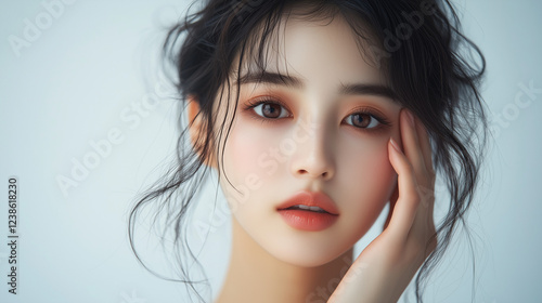Young Korean woman with natural beauty poses gracefully while lightly touching her face in soft lighting