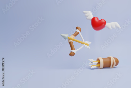 Cupid bow with arrow aims, flying heart with wings, quiver with arrow 3D vector composition, love symbol, archery weapon