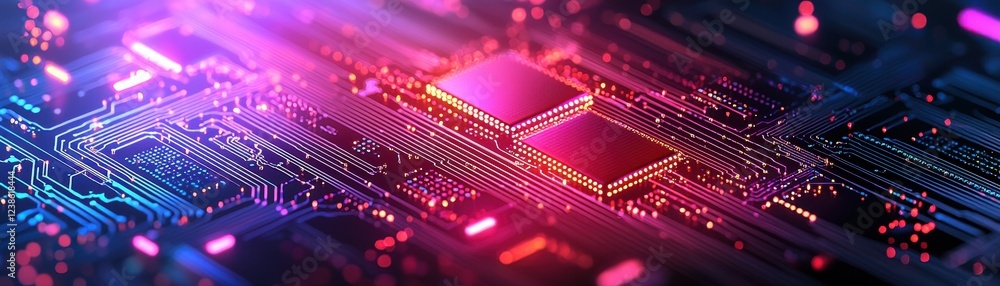 Obraz premium A vibrant, close-up view of a circuit board featuring glowing components, illustrating advanced technology and digital design.
