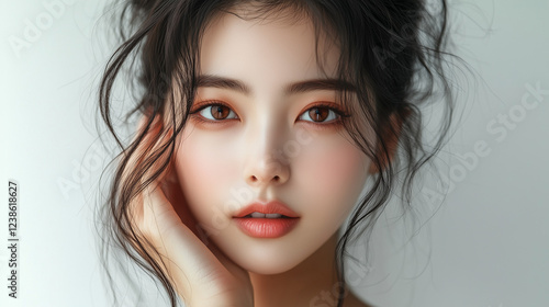 Captivating portrait of a young Korean woman with soft features and natural makeup in a serene indoor setting