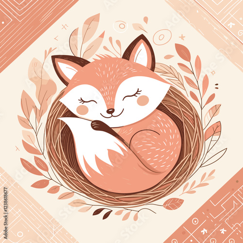 Adorable cartoon fox nestled in a cozy nest surrounded by leaves on a soft geometric background
