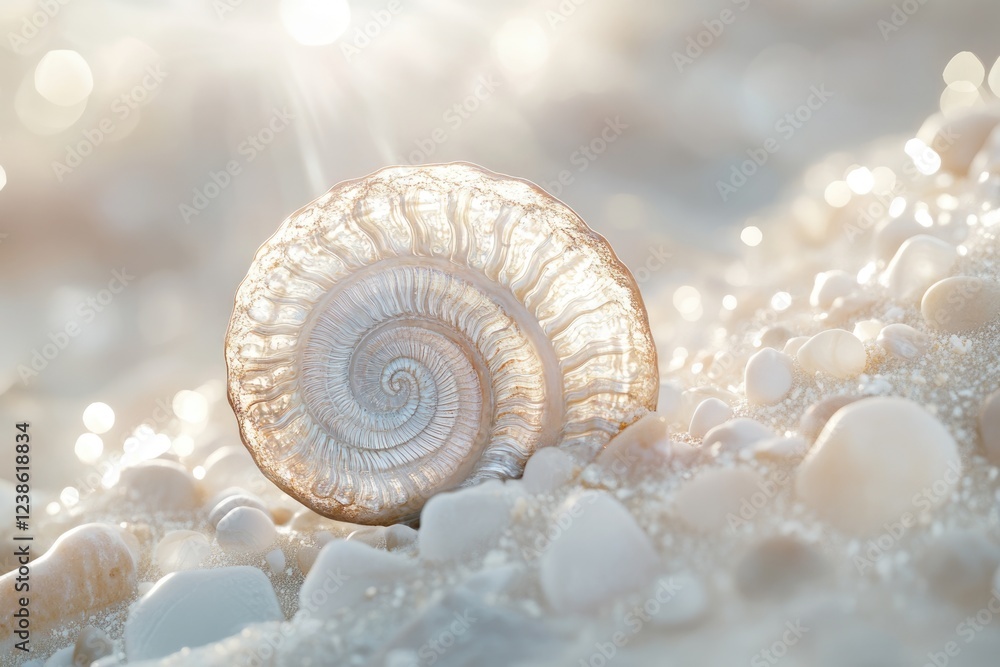 A translucent seashell rests on sunlit beach pebbles, showcasing intricate spiral patterns and soft light. A translucent seashell rests on sunlit beach pebbles, showcasing intricate spiral patterns and soft light.