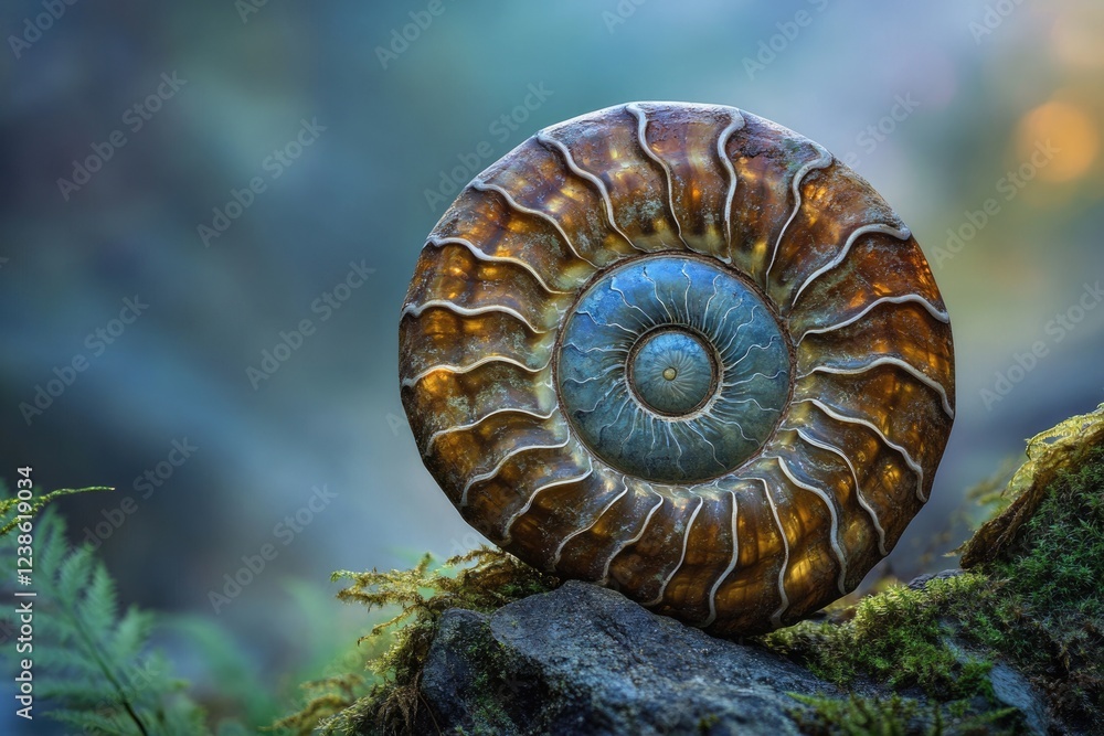 Obraz premium A mesmerizing ammonite fossil rests on moss-covered rocks, showcasing its intricate spiral structure and iridescent colors.