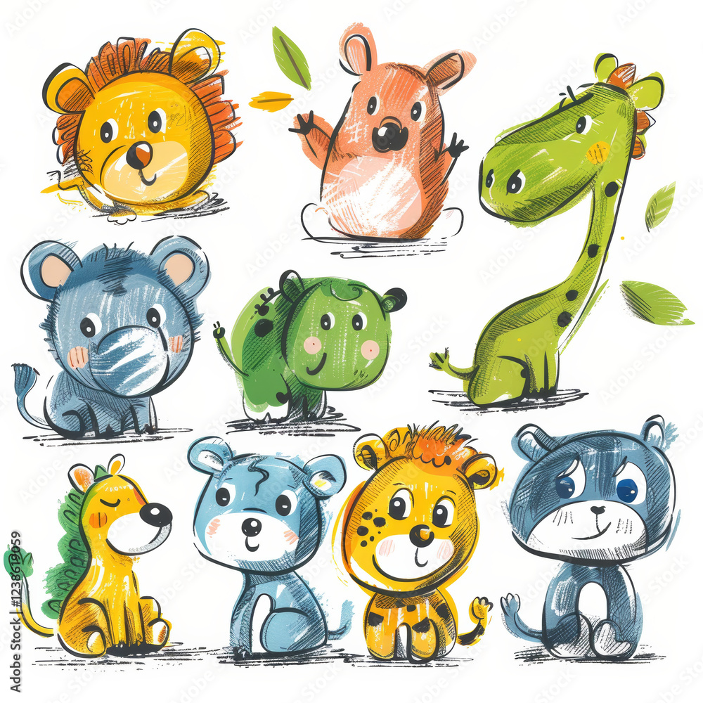 Obraz premium Whimsical animal illustration featuring cute creatures in a playful setting